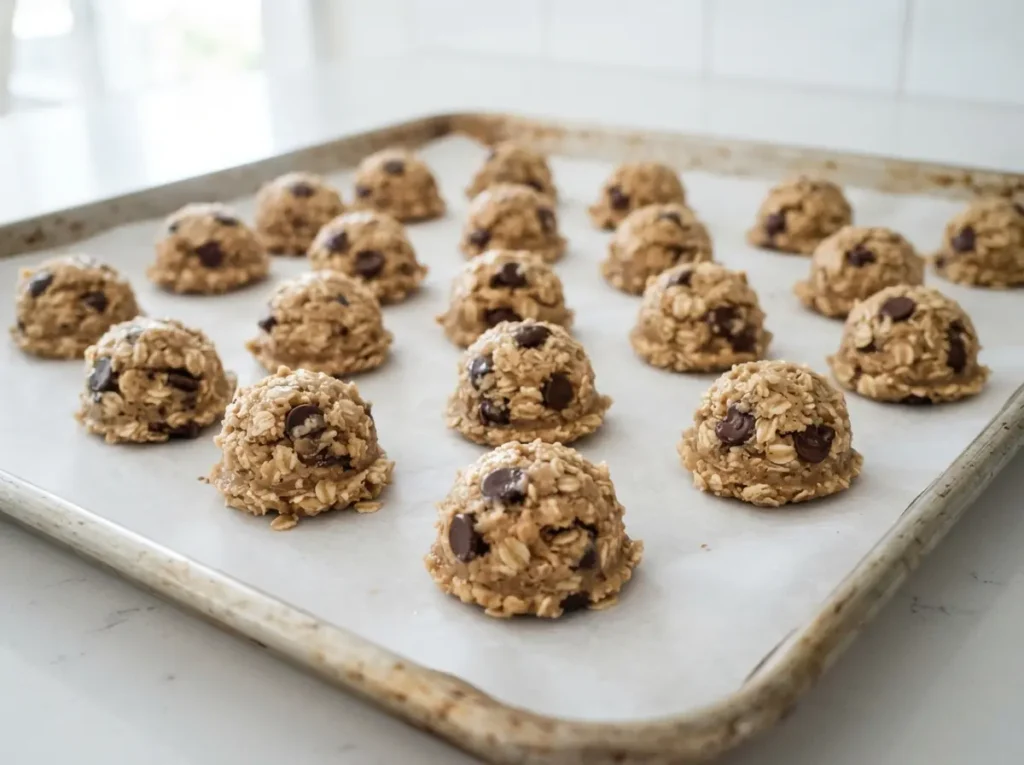 Healthy Oatmeal Chocolate Chip Cookies: Soft, Wholesome, and Easy to Make 3 healthy oatmeal chocolate chip cookie dough scooped onto a baking sheet before baking