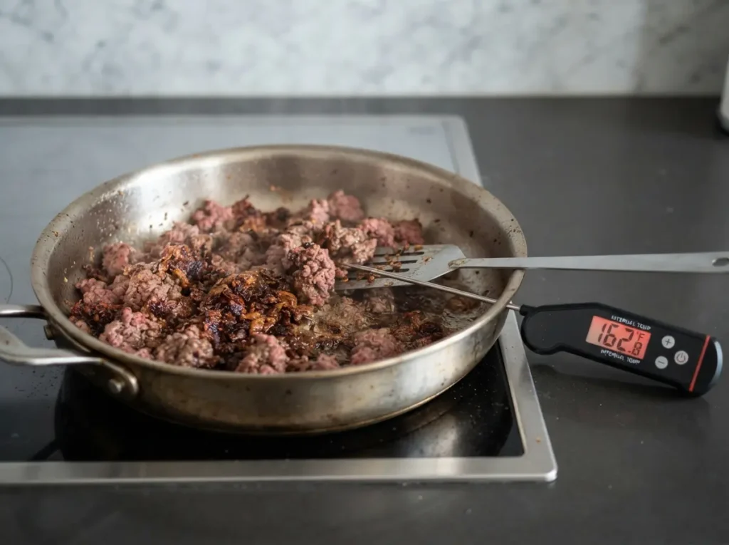 15 Easy Ground Beef Recipes for Busy Weeknight Dinners 1 Close-up of ground beef browning in a skillet with a food thermometer nearby.