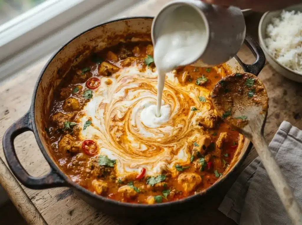 Chicken Curry Recipe: Rich, Comforting, and Restaurant-Style at Home 8 Cream being stirred into chicken curry for a creamy finish