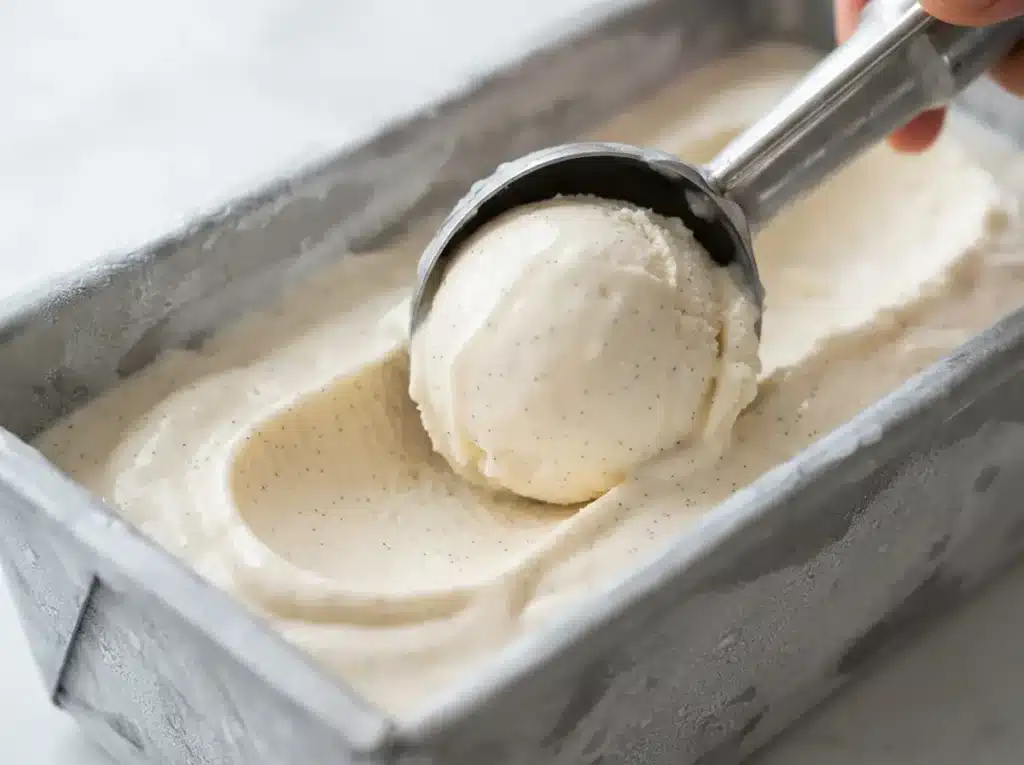Homemade Ice Cream: Easy, Creamy, and Better Than Store-Bought 2 homemade vanilla ice cream being scooped with a metal scoop from a cold container