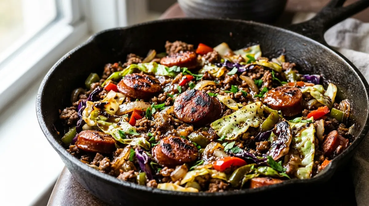 Dirty cabbage recipe with ground beef in a skillet