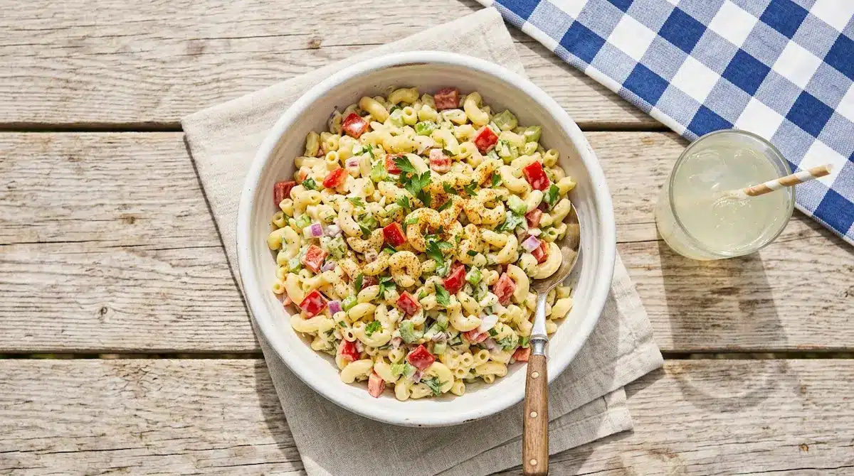 Bowl of easy macaroni salad recipe with creamy dressing