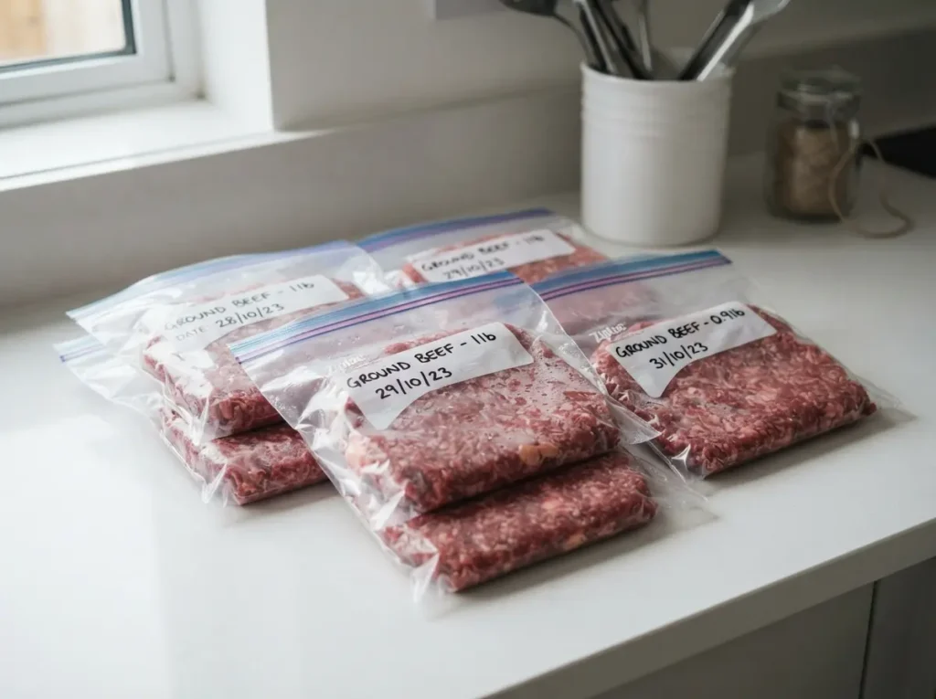 15 Easy Ground Beef Recipes for Busy Weeknight Dinners 8 ground beef recipes : Portioned raw ground beef in freezer bags labeled for meal prep.