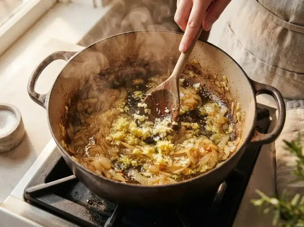 Chicken Curry Recipe: Rich, Comforting, and Restaurant-Style at Home 3 Garlic and ginger stirred into onions for chicken curry