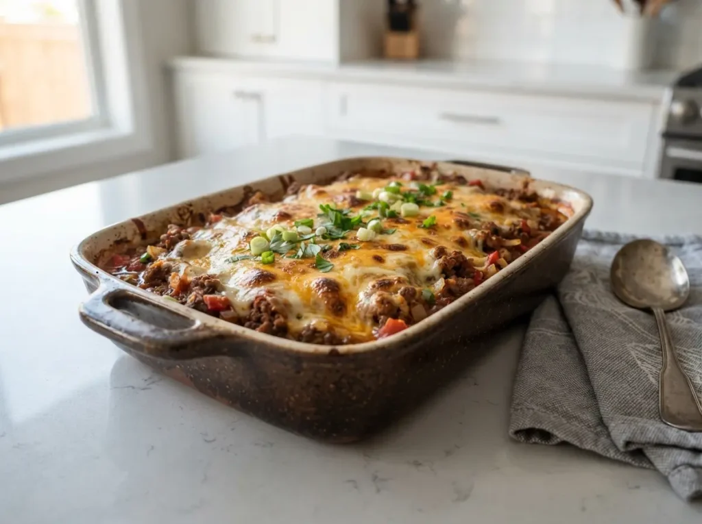 15 Easy Ground Beef Recipes for Busy Weeknight Dinners 3 A baked casserole dish with ground beef, cheese, and a golden top layer.
