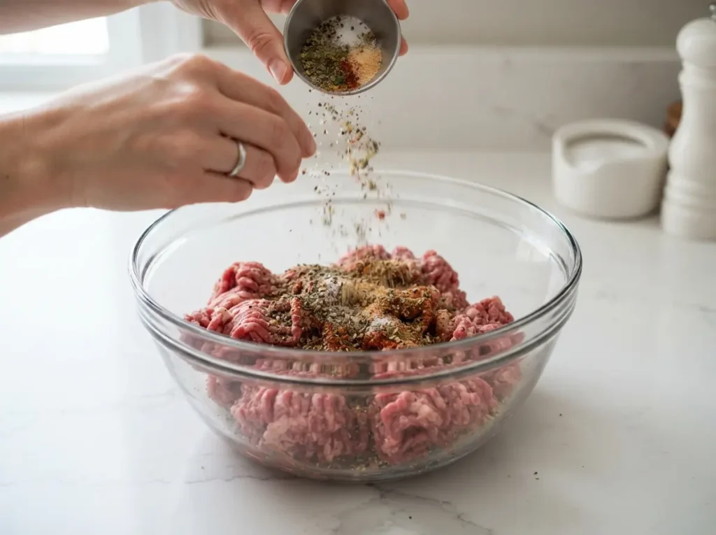 15 Easy Ground Beef Recipes for Busy Weeknight Dinners 9 Raw ground beef in a bowl with seasoning being added.