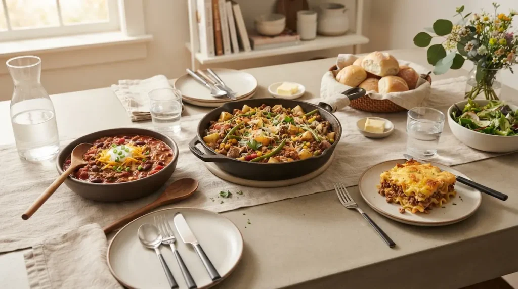 15 Easy Ground Beef Recipes for Busy Weeknight Dinners 10 A finished table spread with multiple ground beef dishes plated together.