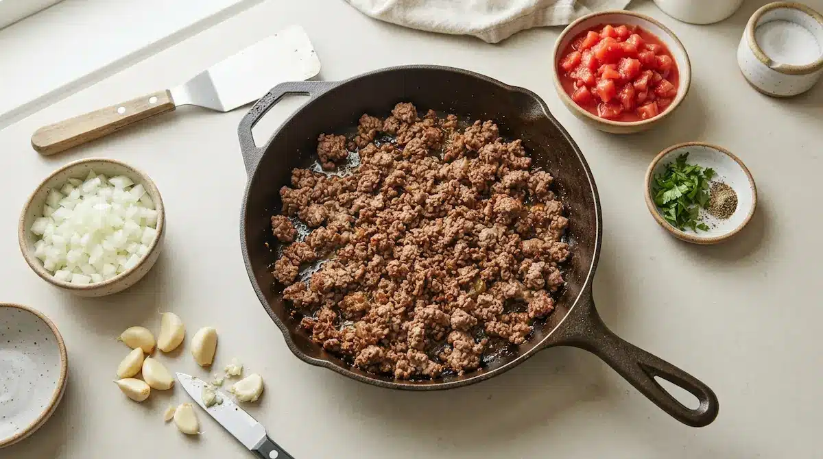 Overhead shot of a skillet with browned ground beef and fresh ingredients around it.