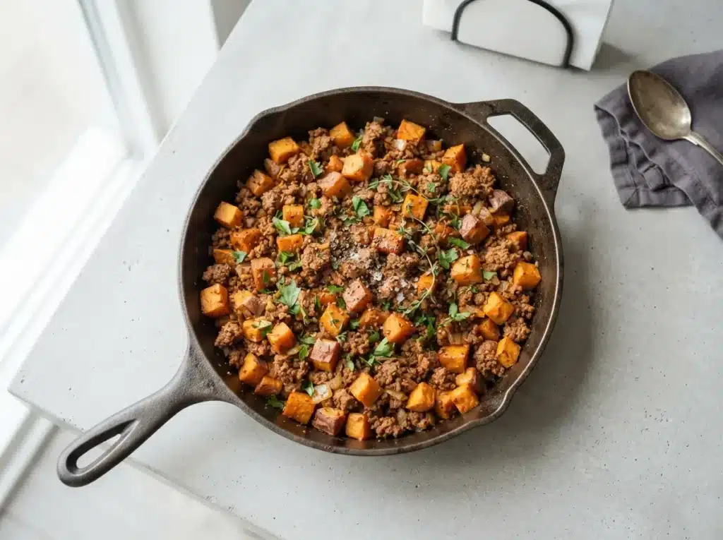 15 Easy Ground Beef Recipes for Busy Weeknight Dinners 7 A skillet of seasoned ground beef with roasted sweet potato cubes.