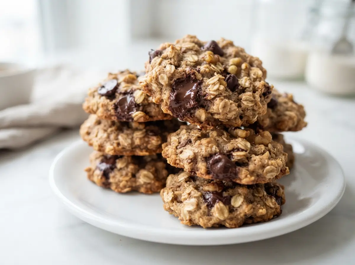 healthy oatmeal chocolate chip cookies stacked on a white plate with melted chocolate chips