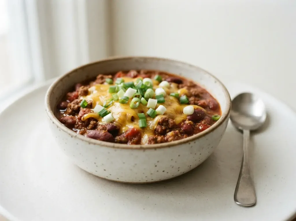 15 Easy Ground Beef Recipes for Busy Weeknight Dinners 4 A bowl of thick ground beef chili topped with cheese and green onion.