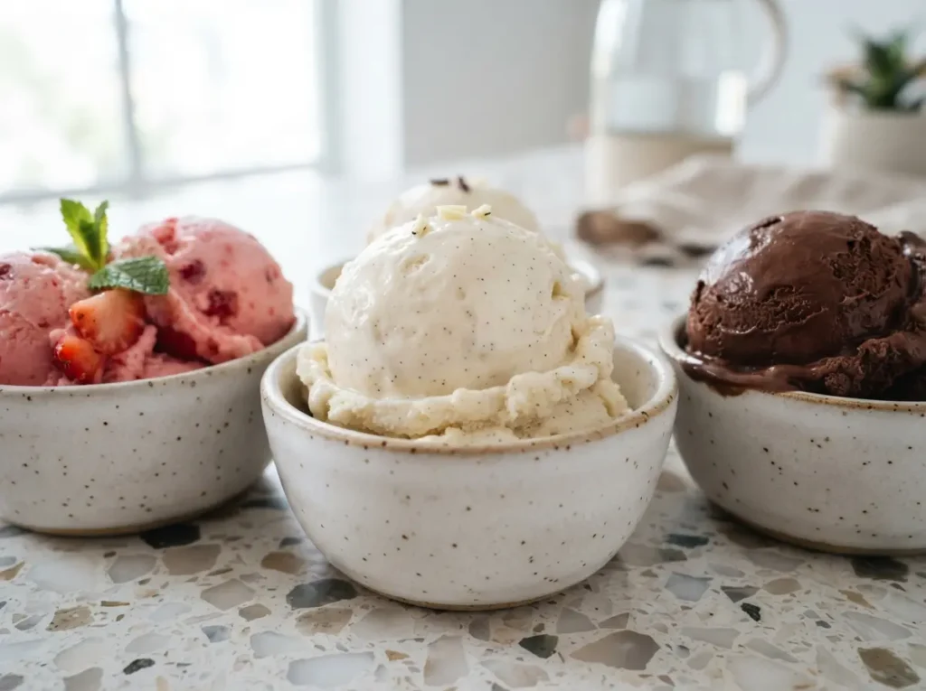 Homemade Ice Cream: Easy, Creamy, and Better Than Store-Bought 3 homemade ice cream with vanilla strawberry and chocolate scoops in small bowls