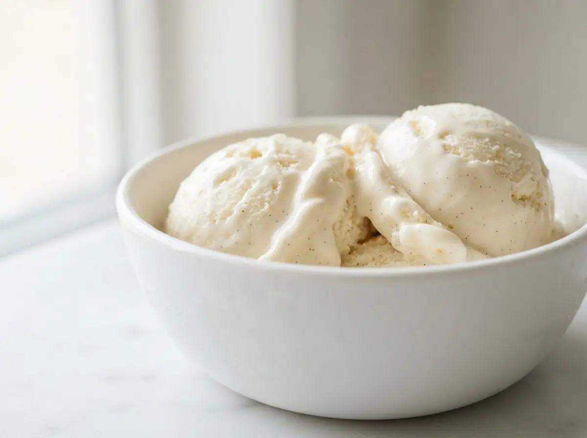 homemade ice cream in a white bowl with creamy vanilla scoops and a close-up summer dessert look