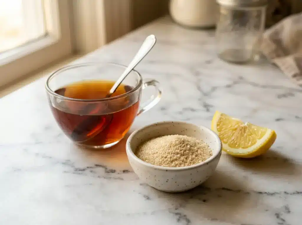 Horse Gelatin Protocol Menu: My Simple 7-Day Plan 1 horse gelatin protocol menu ingredients on marble with gelatin lemon and tea