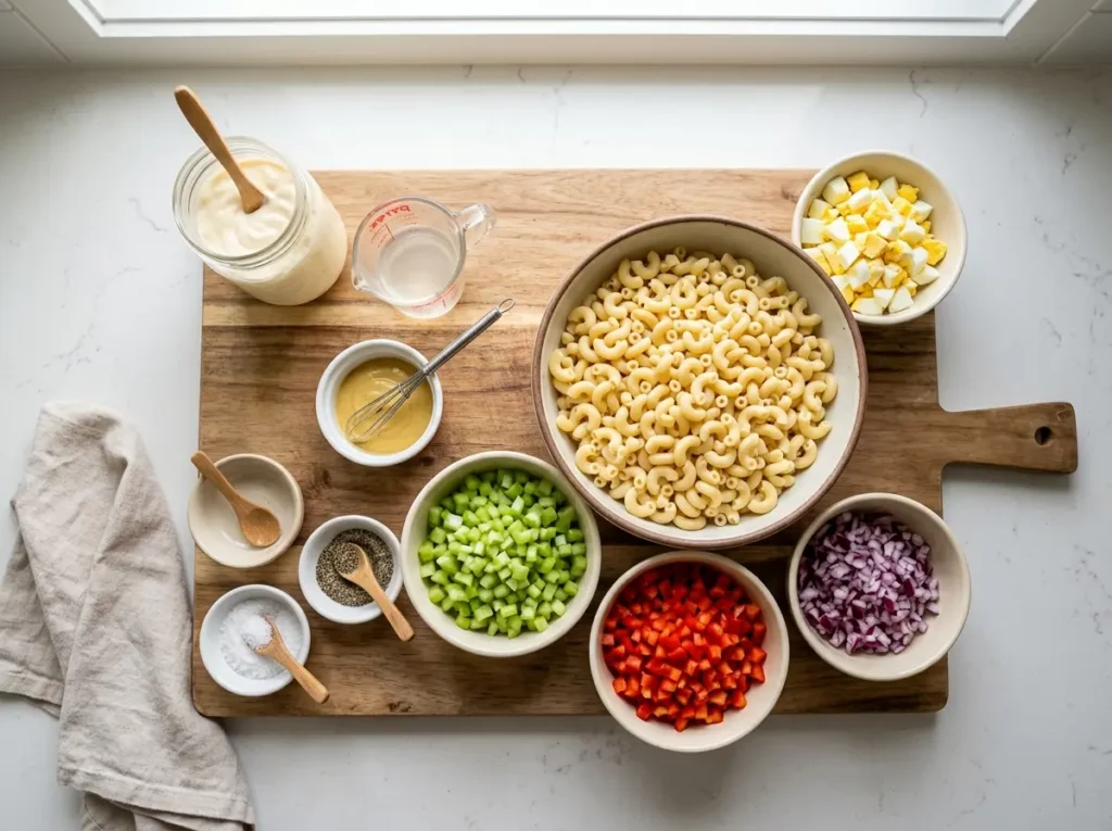 Easy Macaroni Salad Recipe: Creamy, Tangy, and Ready in 30 Minutes 1 Ingredients for easy macaroni salad recipe laid out on a counter