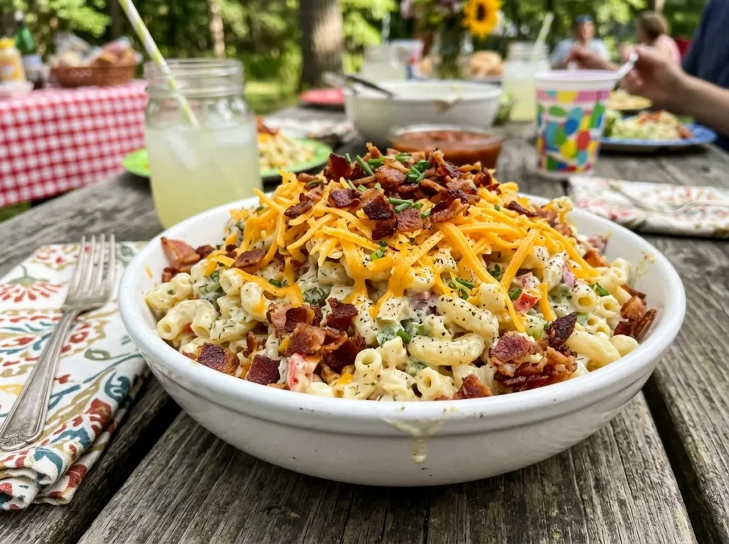 Easy Macaroni Salad Recipe: Creamy, Tangy, and Ready in 30 Minutes 5 Macaroni salad topped with bacon and shredded cheddar cheese