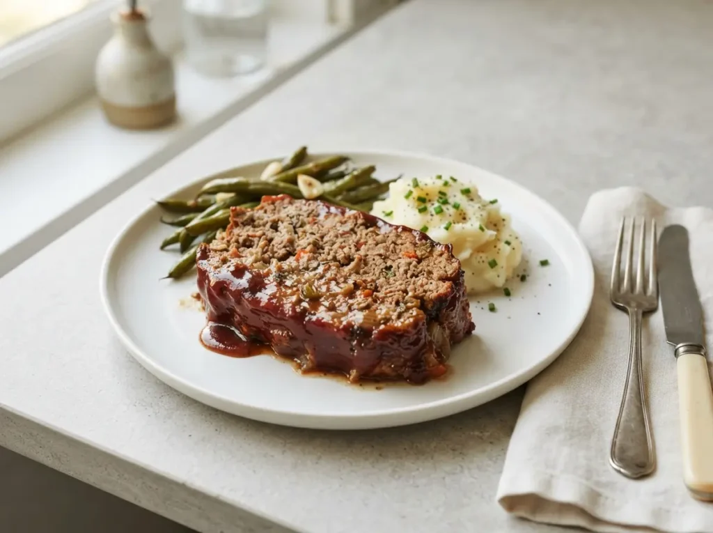 15 Easy Ground Beef Recipes for Busy Weeknight Dinners 6 A sliced serving of classic meatloaf with glaze on a plate.