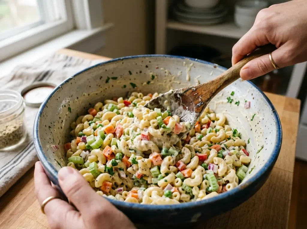 Easy Macaroni Salad Recipe: Creamy, Tangy, and Ready in 30 Minutes 3 Macaroni salad being mixed with creamy dressing in a large bowl
