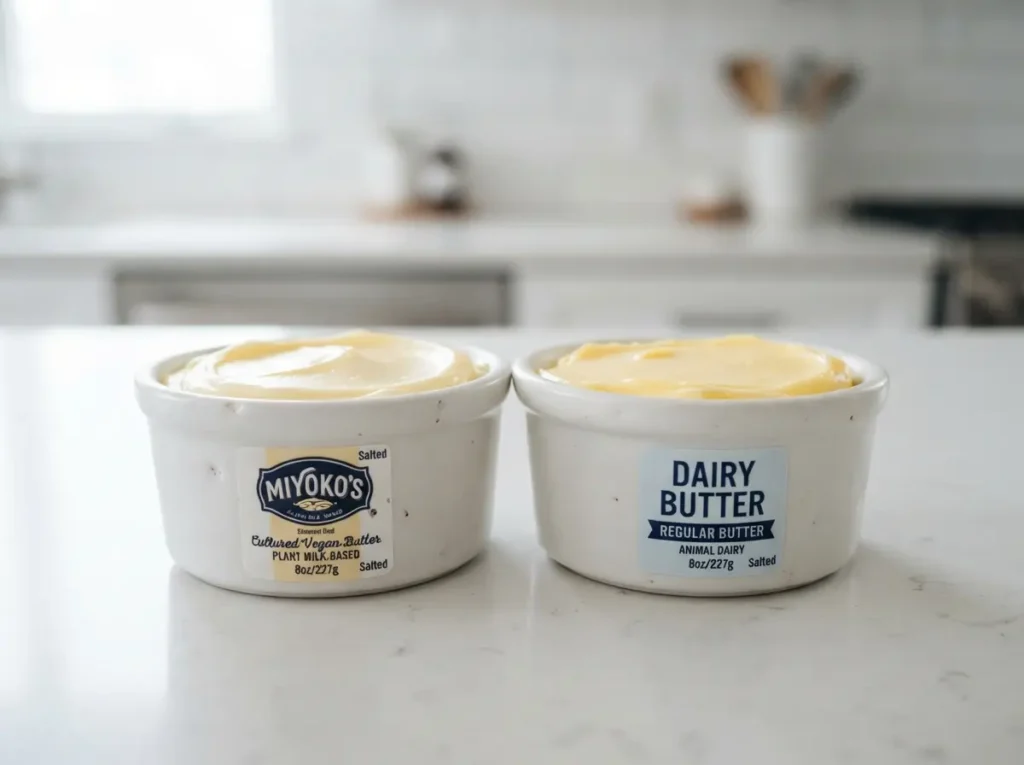 Miyoko Butter: What It Is, How It Tastes, and How to Use It 4 Miyoko butter next to regular butter for a dairy free comparison