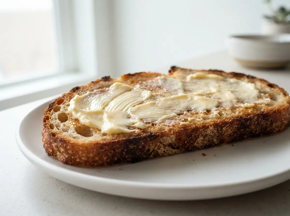 Miyoko butter spread on toasted bread with a soft creamy texture