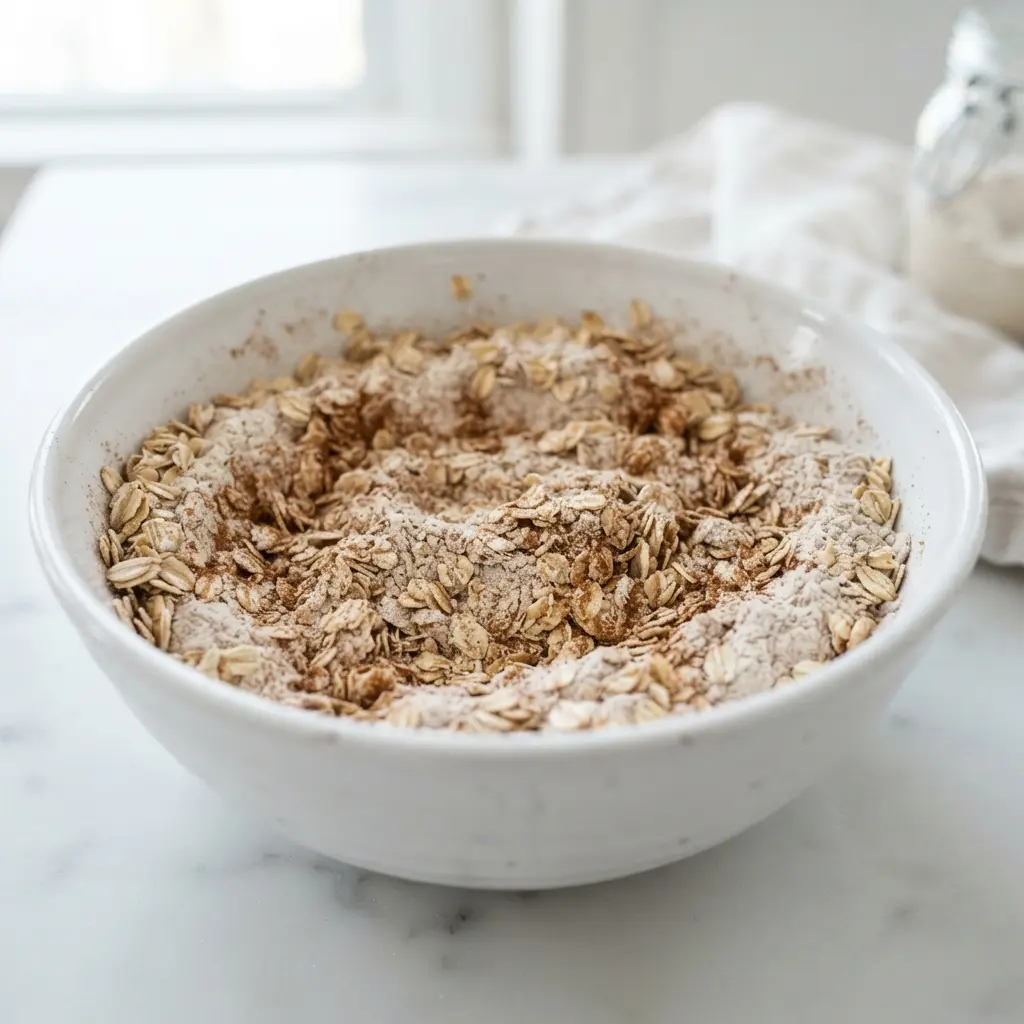 Healthy Oatmeal Chocolate Chip Cookies: Soft, Wholesome, and Easy to Make 1 oats flour and cinnamon mixed in a bowl for healthy oatmeal chocolate chip cookies