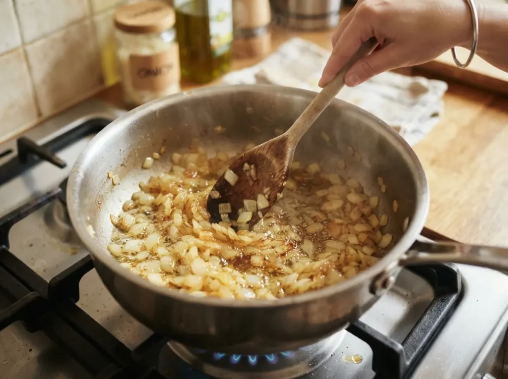 Chicken Curry Recipe: Rich, Comforting, and Restaurant-Style at Home 2 Onions cooking until golden in a pot for chicken curry