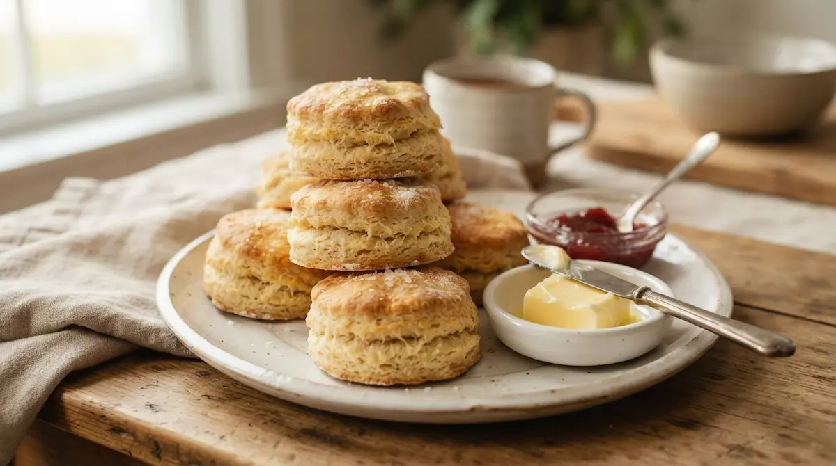 Golden sour cream biscuits on a plate with butter.