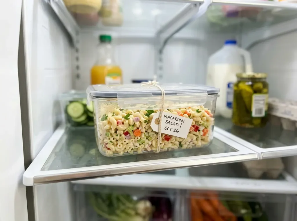 Easy Macaroni Salad Recipe: Creamy, Tangy, and Ready in 30 Minutes 4 Macaroni salad stored in an airtight container in the fridge