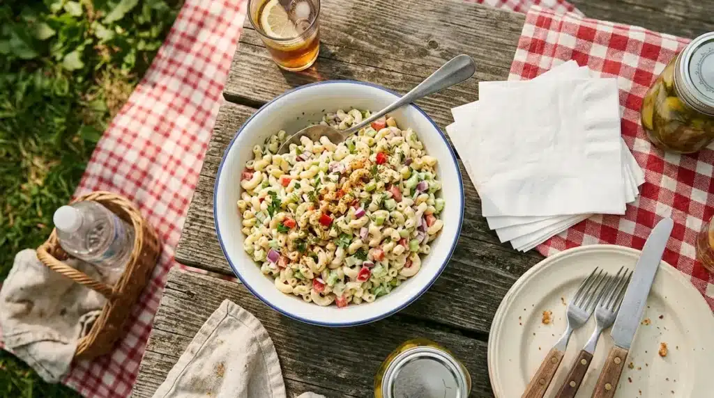 Easy Macaroni Salad Recipe: Creamy, Tangy, and Ready in 30 Minutes 6 Overhead shot of macaroni salad on a picnic table