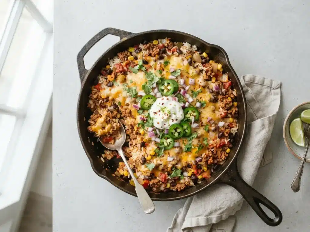 15 Easy Ground Beef Recipes for Busy Weeknight Dinners 2 A finished skillet of taco seasoned ground beef with rice, beans, and cheese.