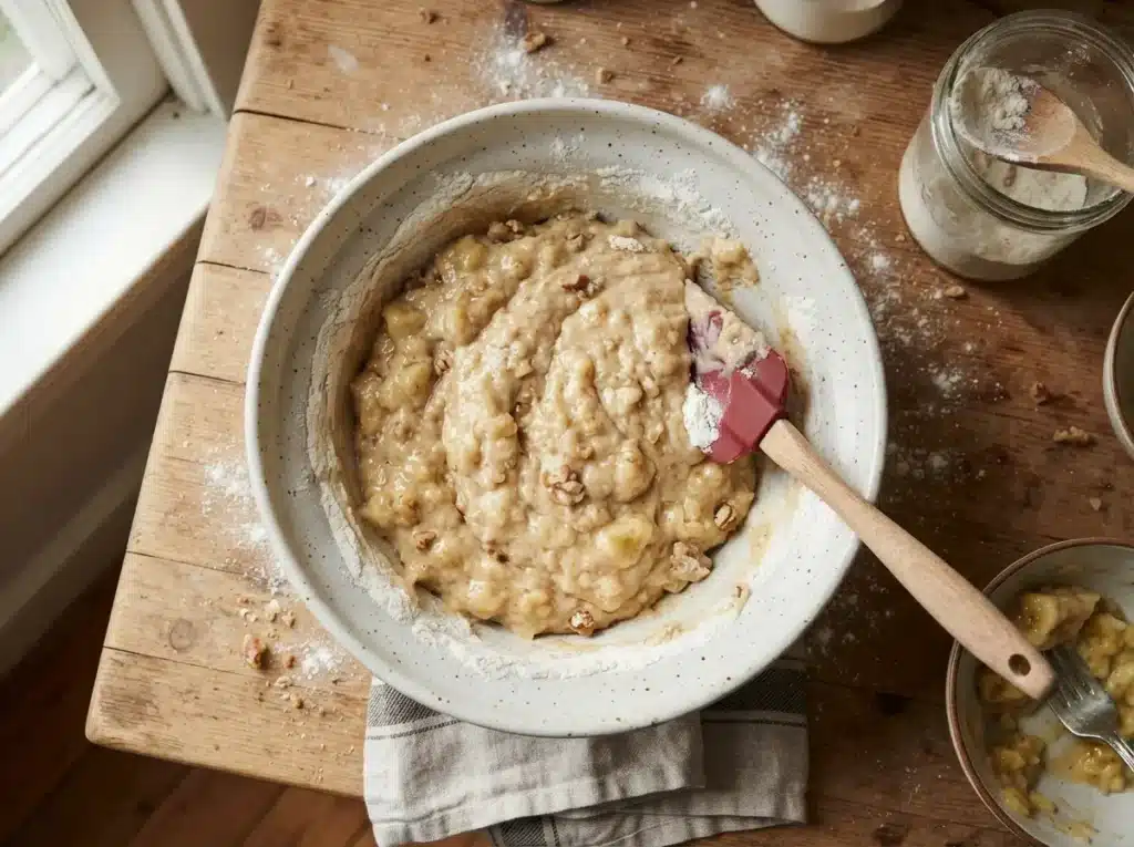 Folding flour into moist banana bread recipe batter with spatula