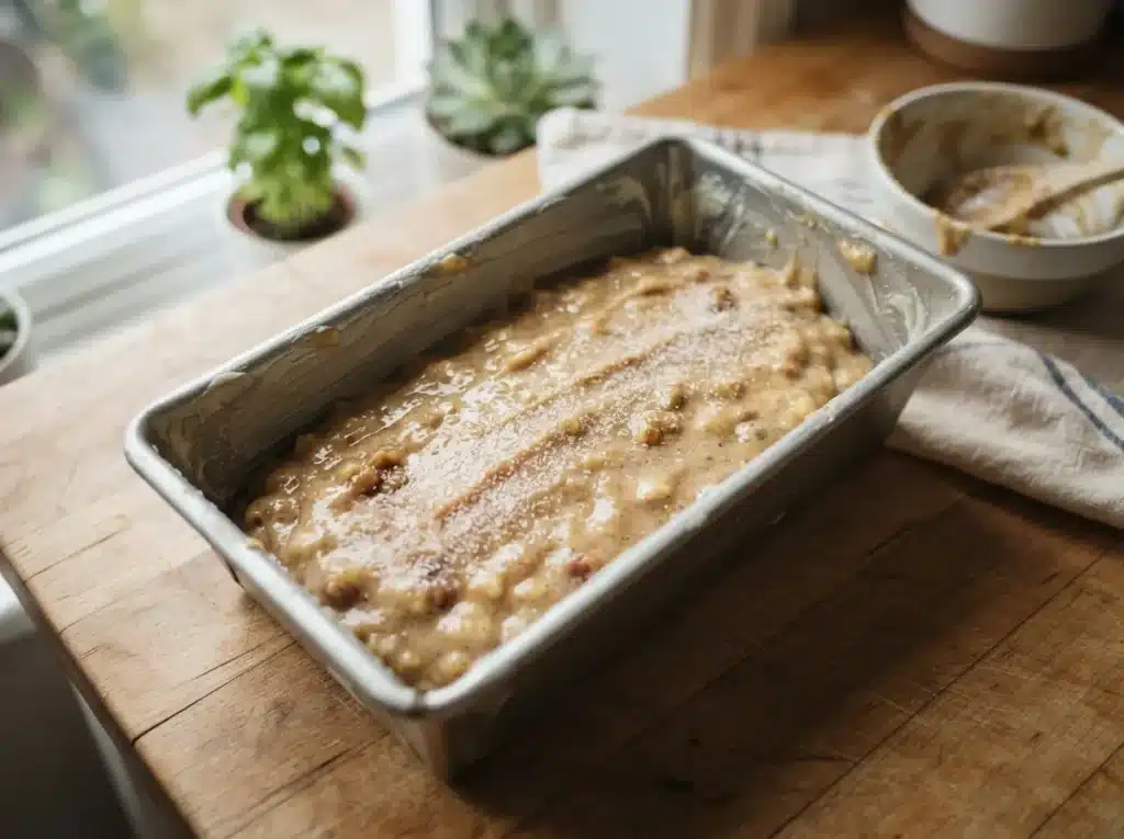 Moist banana bread recipe batter poured into loaf pan before baking