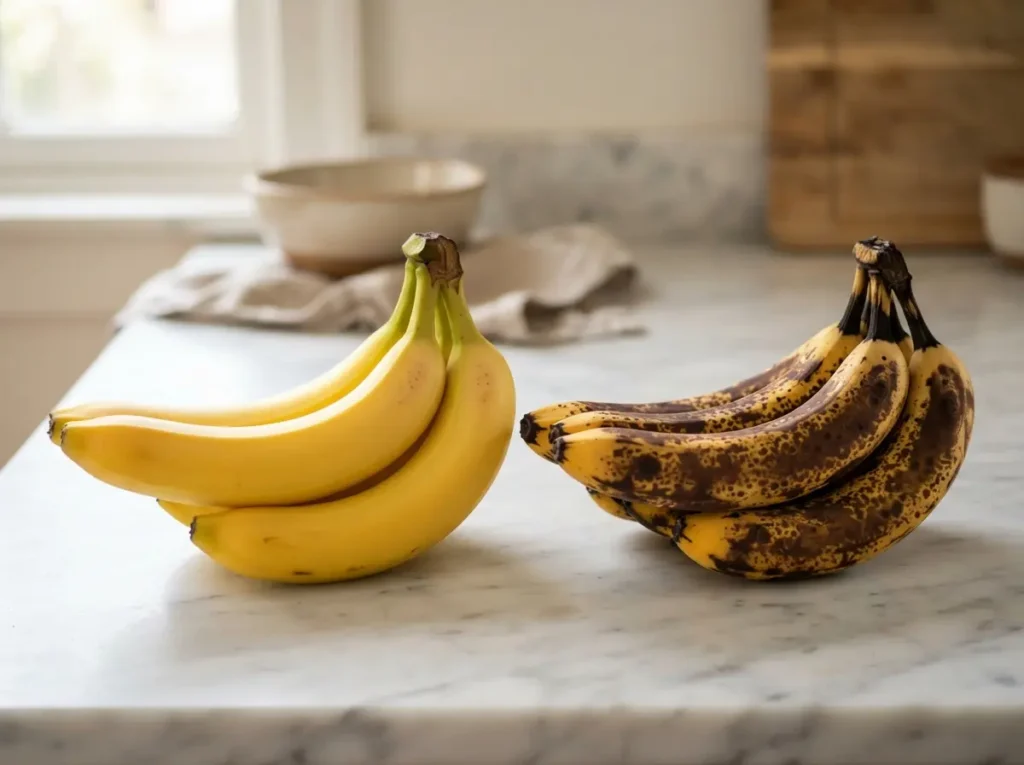 Moist Banana Bread Recipe: 5 Secrets for the Best Loaf Ever 2 Ripe bananas for moist banana bread recipe next to underripe bananas