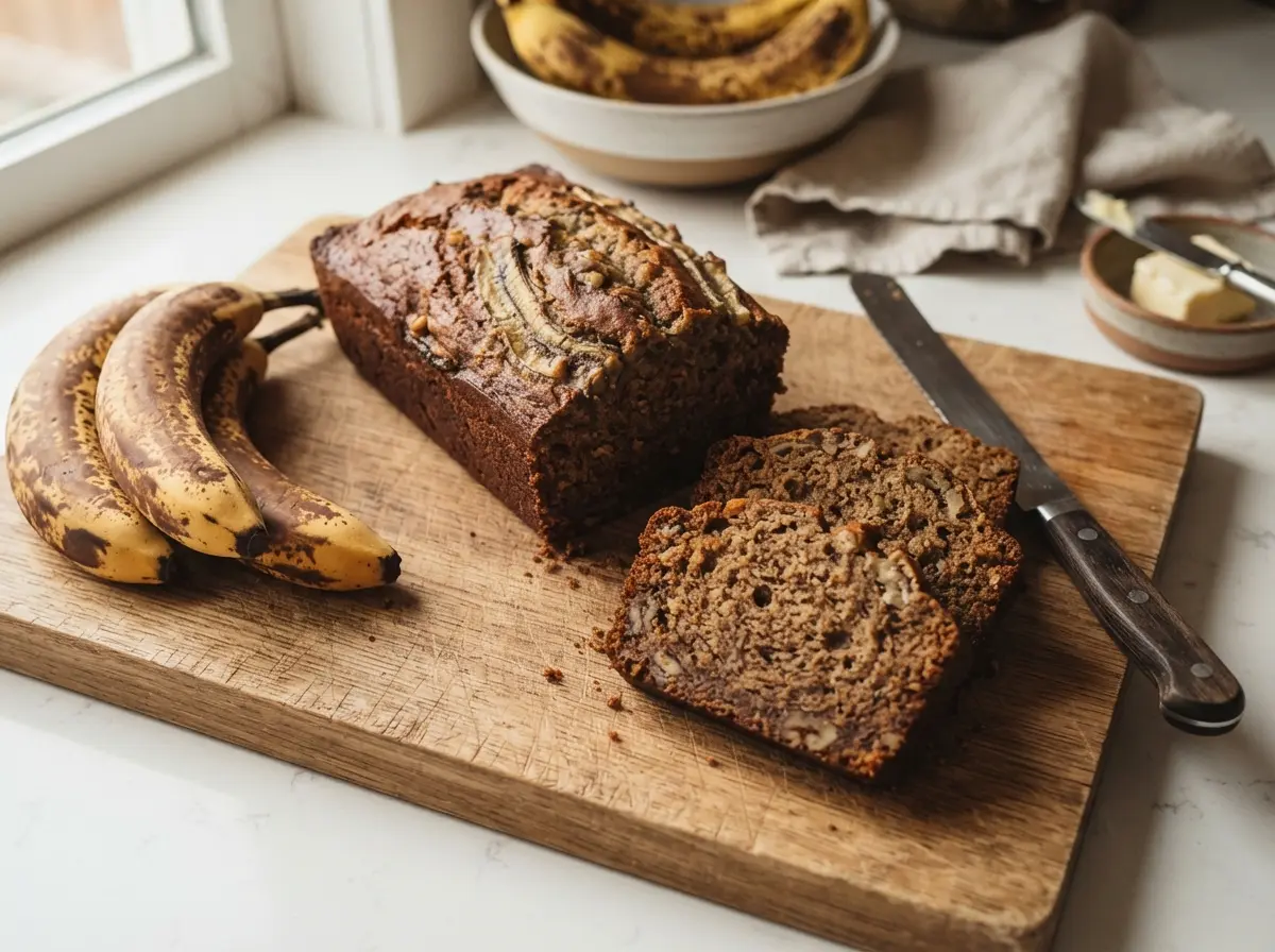 Moist banana bread recipe sliced loaf on a wooden board