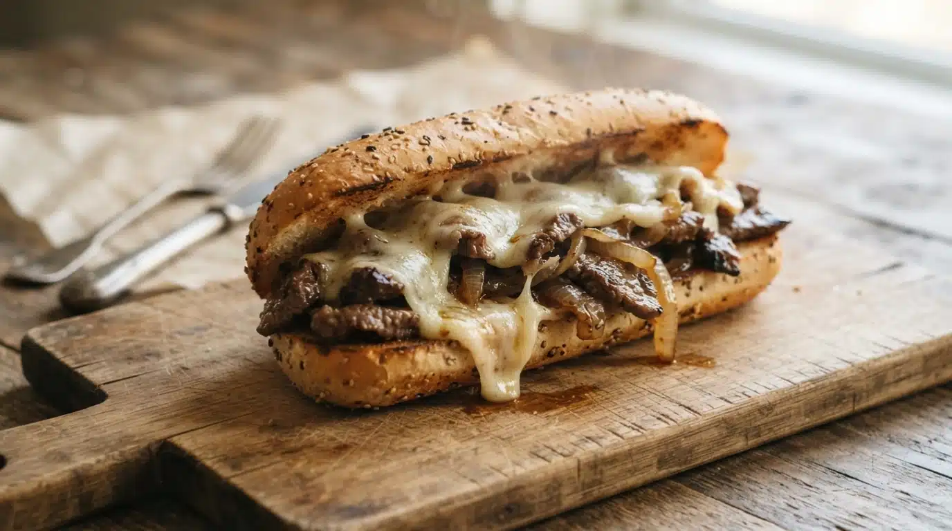 Philly cheesesteak recipe sandwich with melted provolone and toasted hoagie roll
