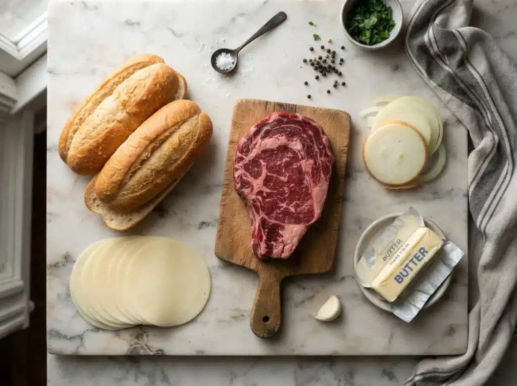 Philly Cheesesteak Recipe: The Real Way I Make It At Home 1 Ingredients for philly cheesesteak recipe including ribeye, rolls, and cheese