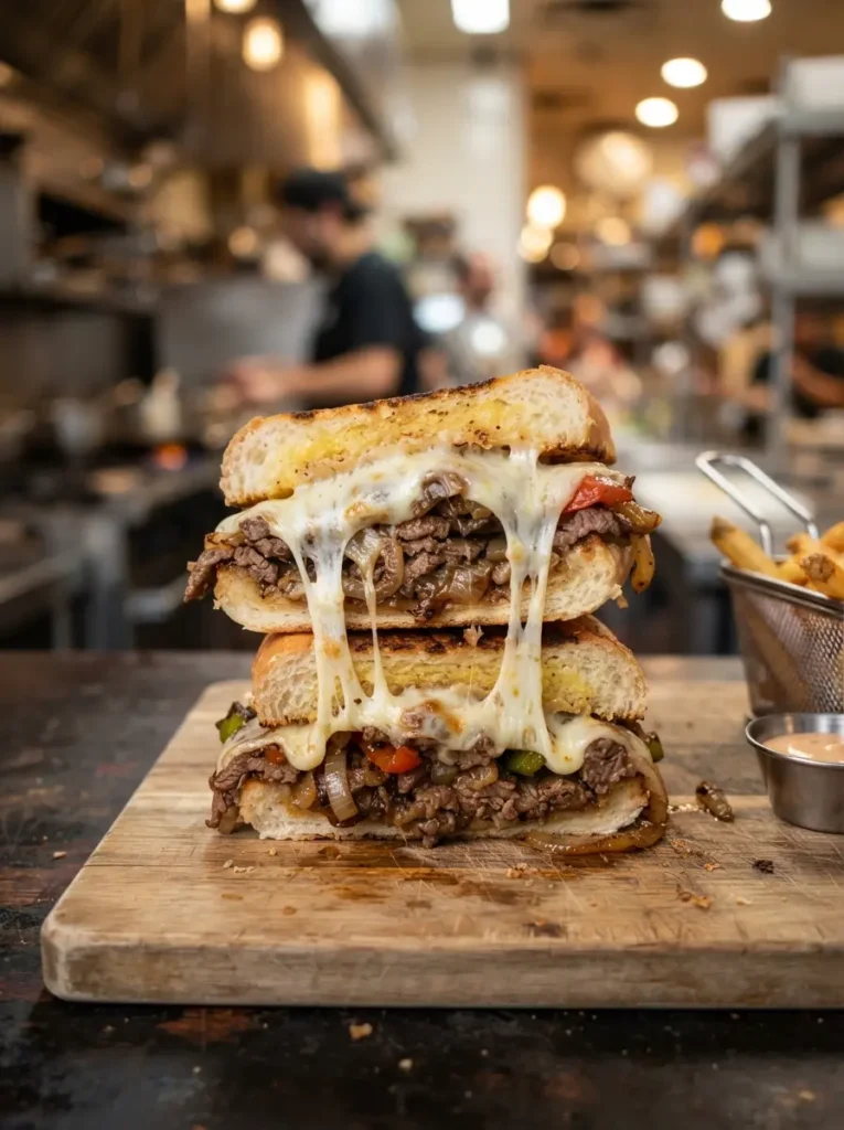 Philly Cheesesteak Recipe: The Real Way I Make It At Home 5 Philly cheesesteak recipe sandwich cross section with cheese pull