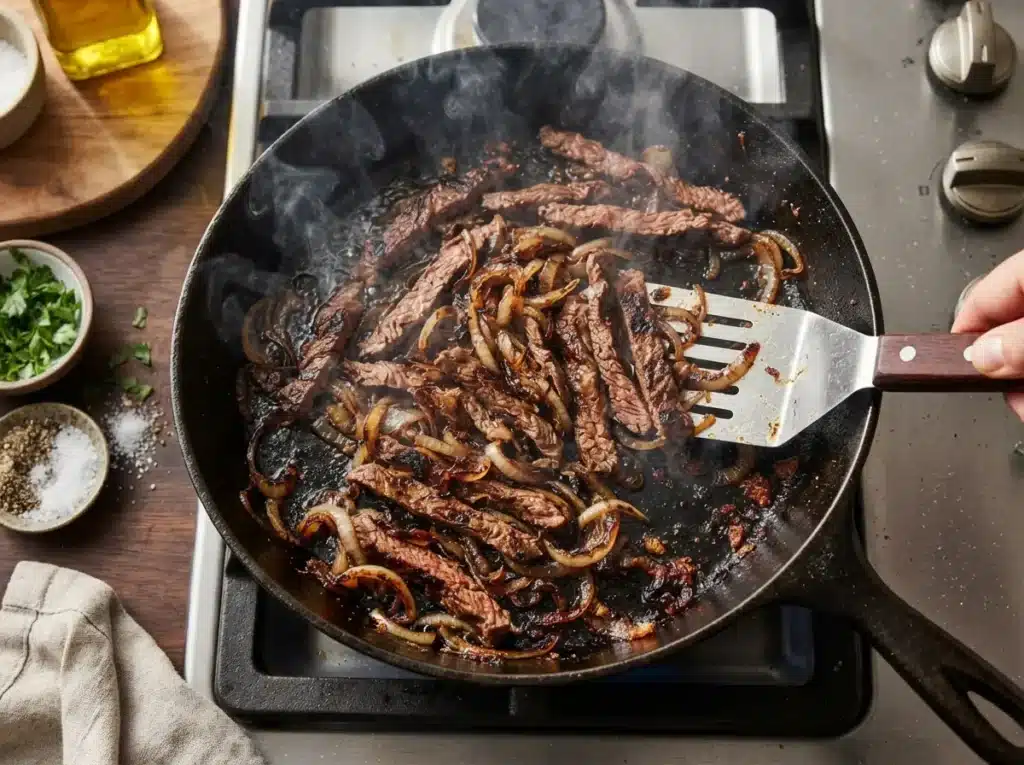 Searing steak and onions for philly cheesesteak recipe on skillet