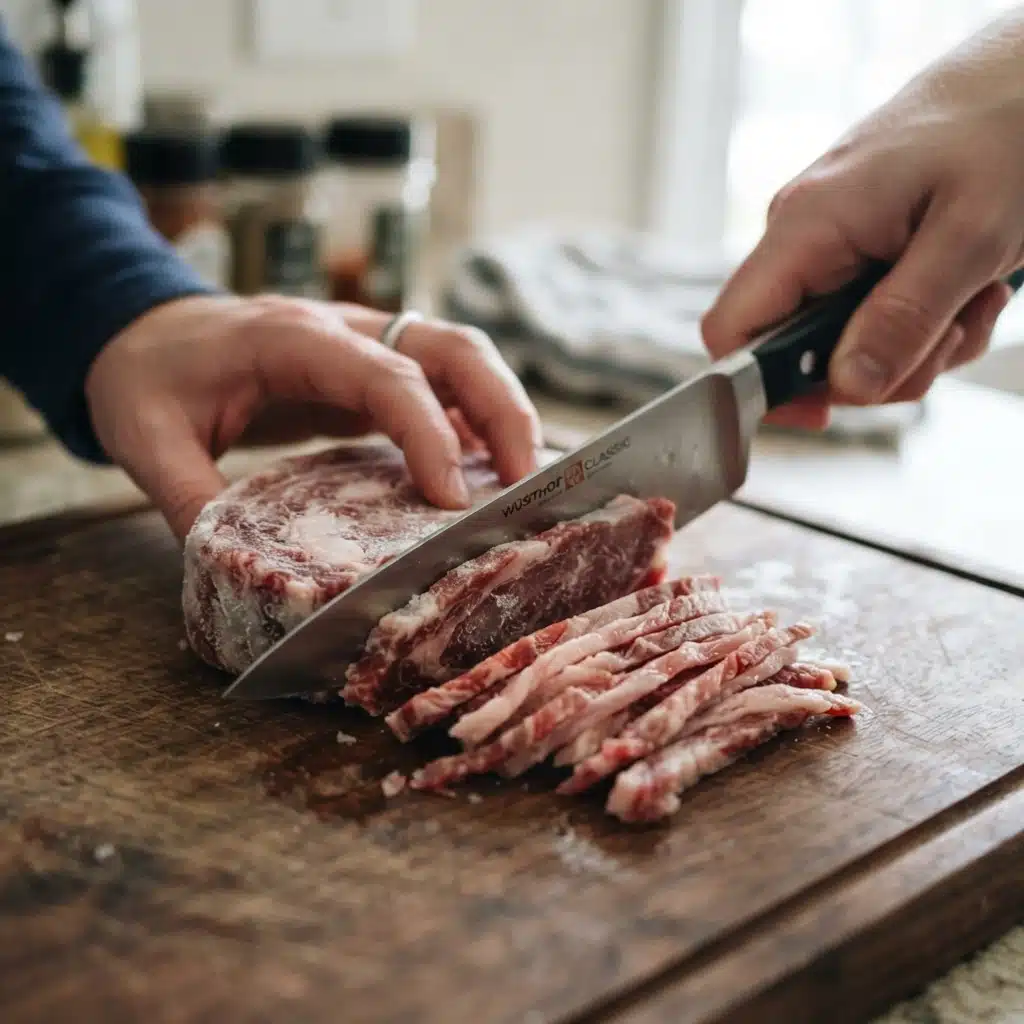 Philly Cheesesteak Recipe: The Real Way I Make It At Home 2 Slicing steak thin for philly cheesesteak recipe technique