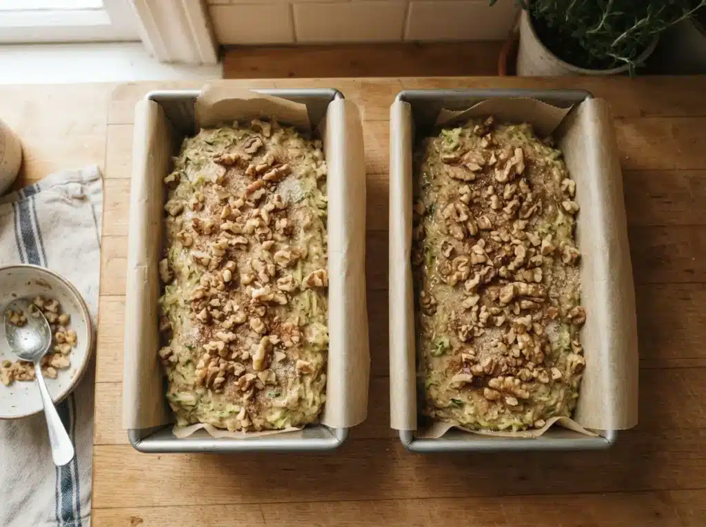 Zucchini bread recipe batter poured into loaf pans before baking