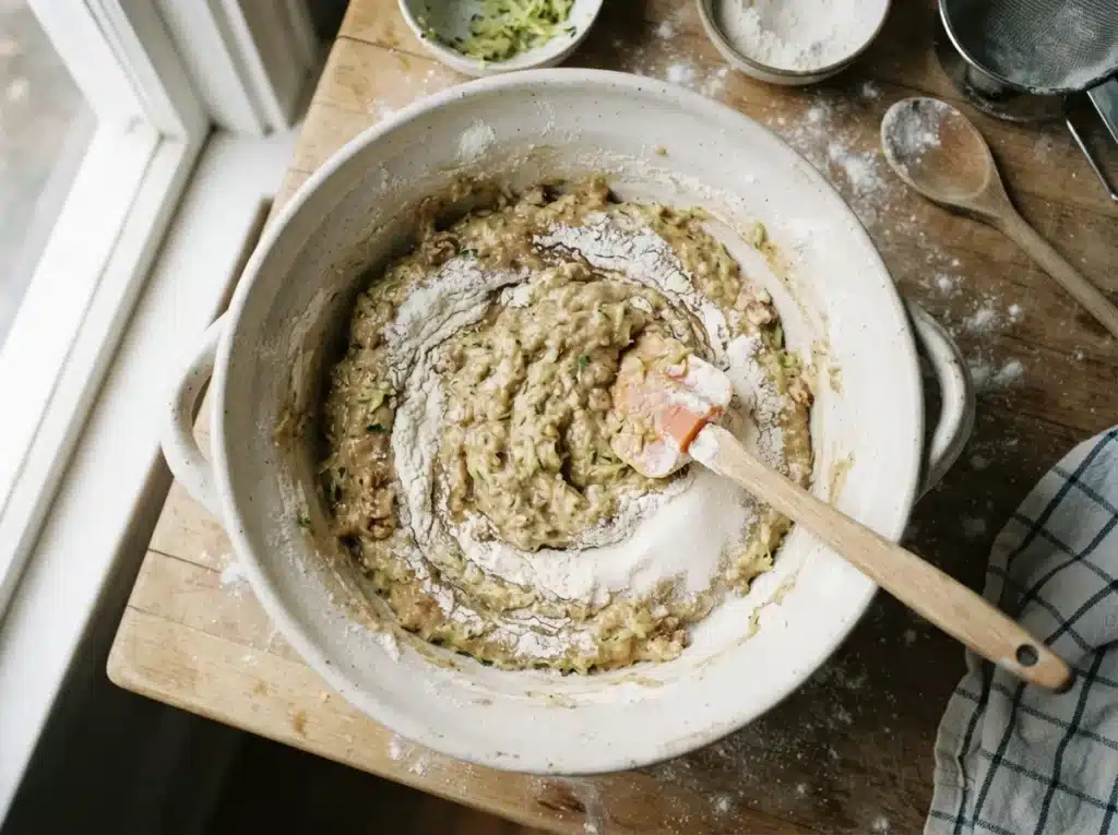 Zucchini bread recipe batter being folded together in a bowl