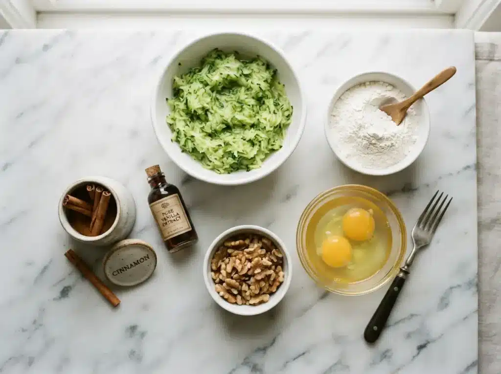 The Best Zucchini Bread Recipe: 7 Secrets for a Moist Loaf 1 Ingredients for zucchini bread recipe including grated zucchini and flour