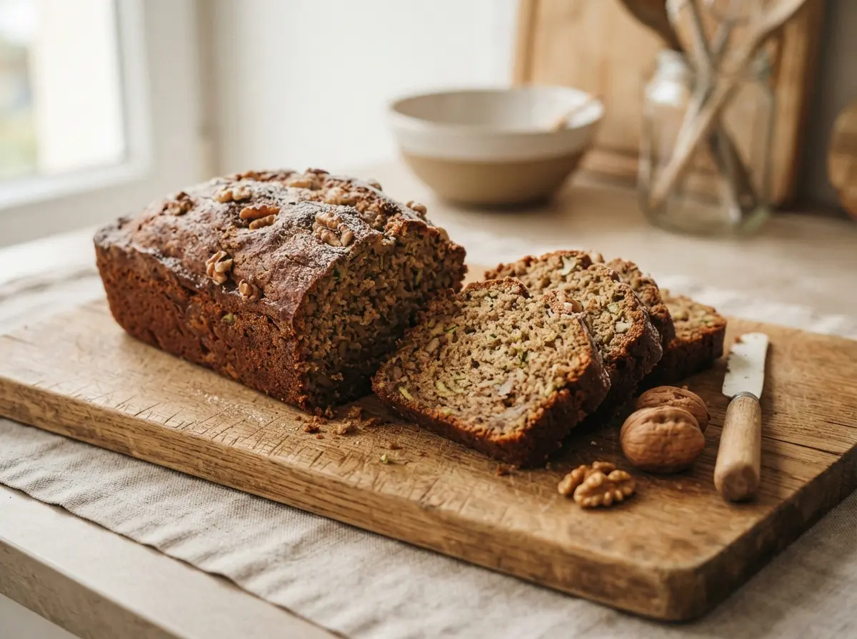 Zucchini bread recipe sliced loaf on a wooden board